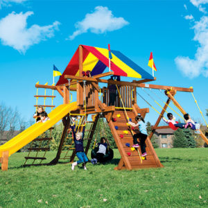 Children playing on backyard playgrounds in Clarence, NY